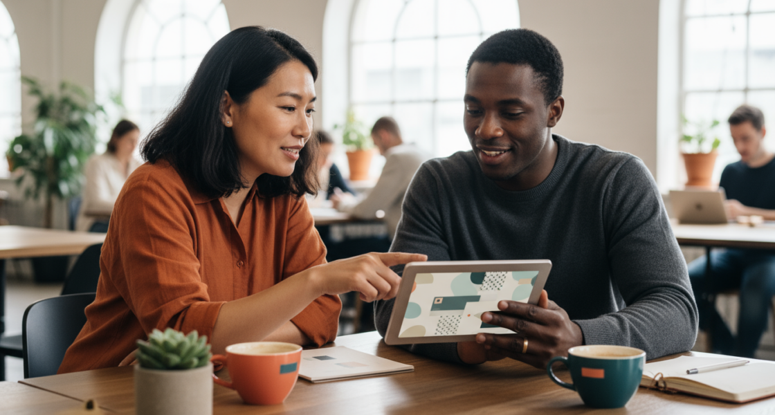 Local business owner collaborates with a weblish.io web designer in person.