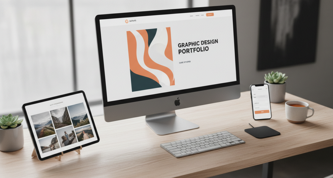 Modern screens display stunning weblish.io portfolio websites for artists and designers.