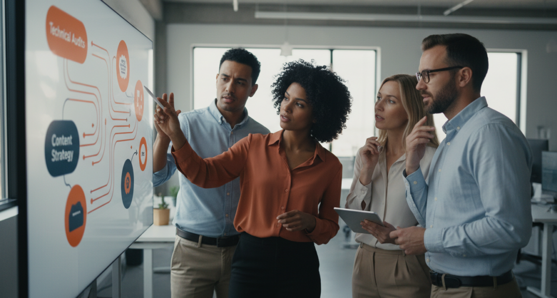 A diverse team collaborates on integrated SEO strategy, boosting weblish.io search engine positioning.