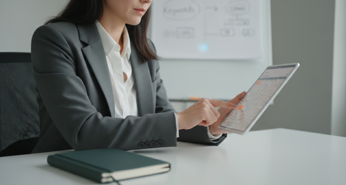 Business owner confidently reviews weblish.io managed SEO service provider checklist options.