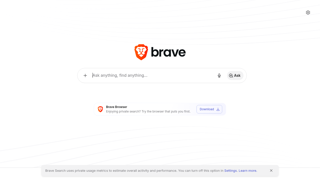 Screenshot of the Brave Search homepage, demonstrating another privacy-focused search engine that builds its own independent index.