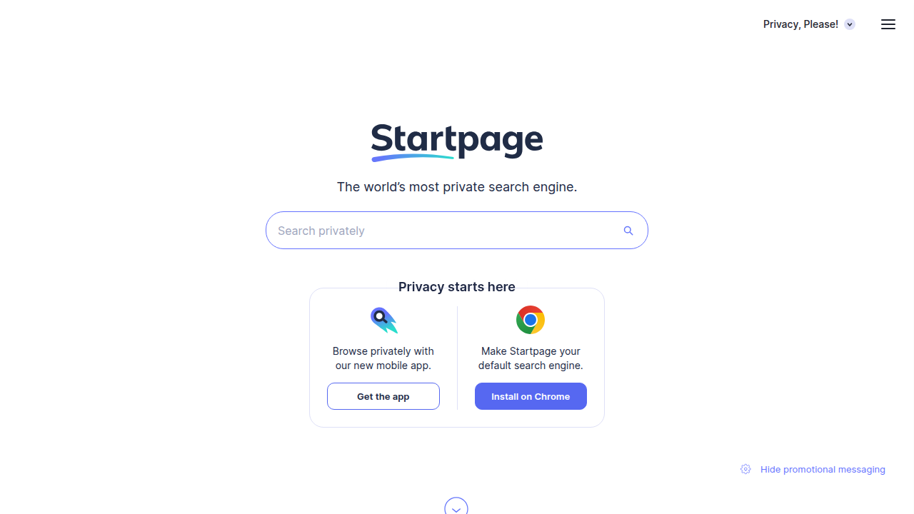 Screenshot of the Startpage homepage, a private search engine that delivers Google search results while maintaining user privacy by acting as a proxy.
