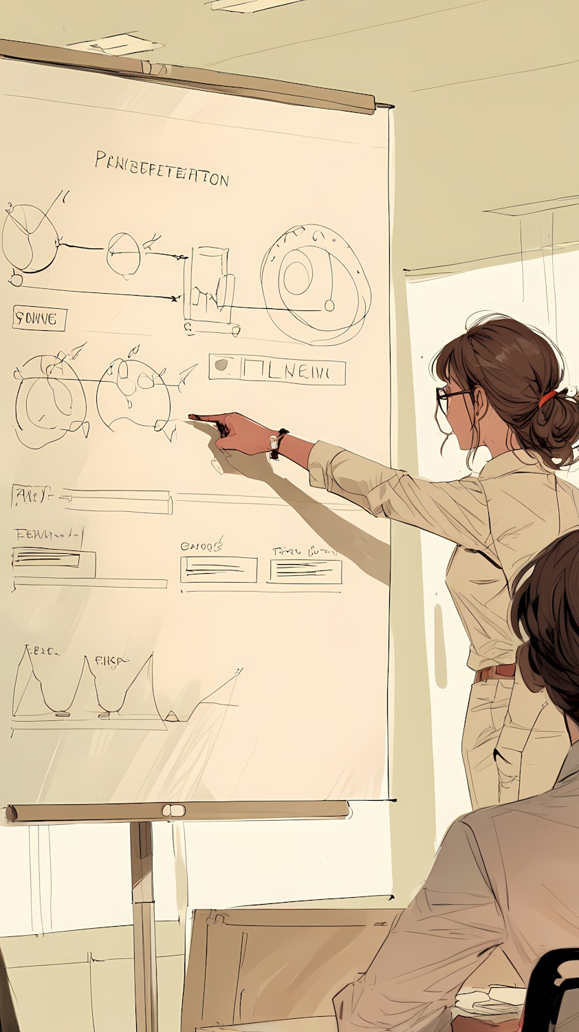 A student confidently presents their UX design portfolio, showcasing projects developed during their academic program.