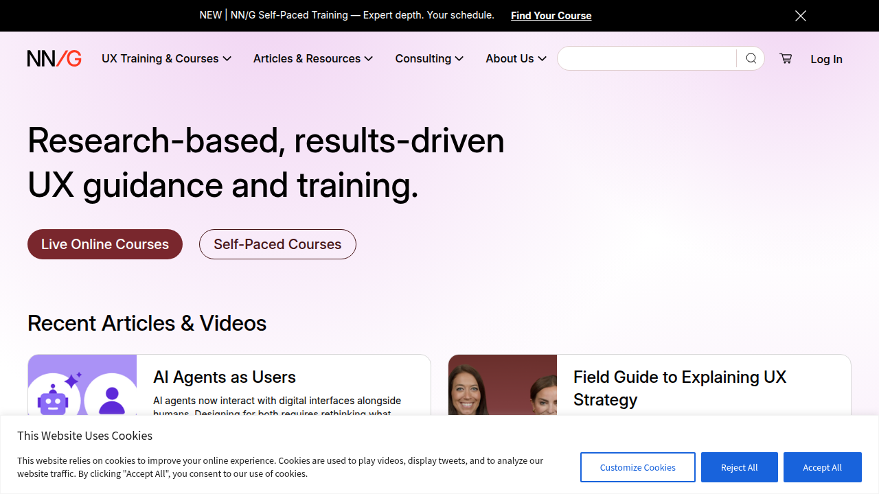 The homepage of Nielsen Norman Group, a leading resource for user experience research and industry insights.