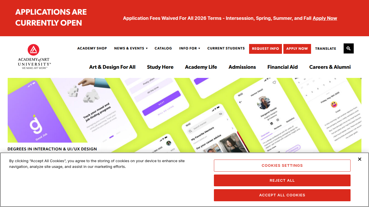 The program page for Interaction & UI/UX Design BFA at Academy of Art University, highlighting a visually-focused design curriculum.