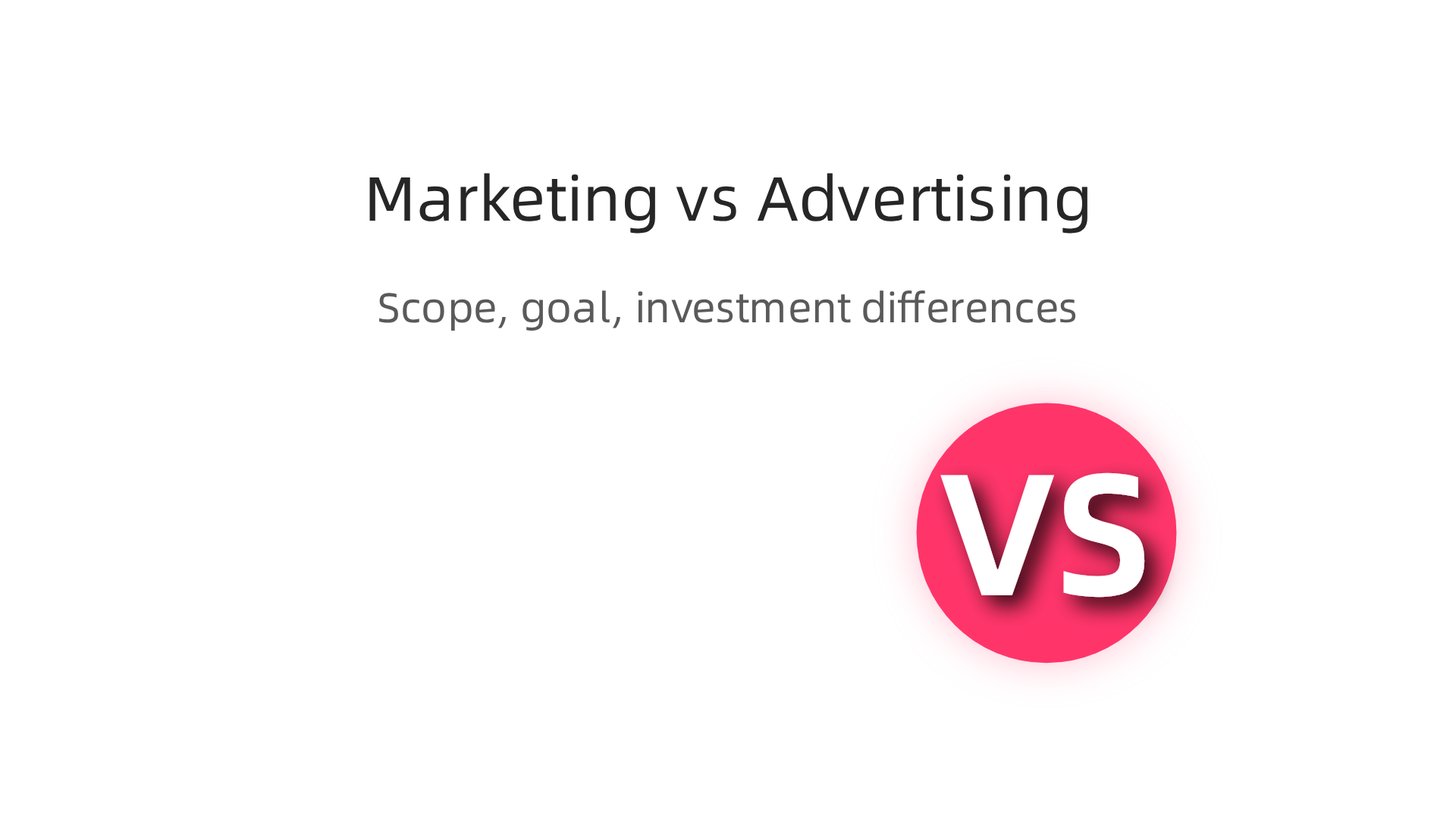 A clear comparison highlighting the fundamental differences between marketing and advertising in terms of scope, goal, and investment.