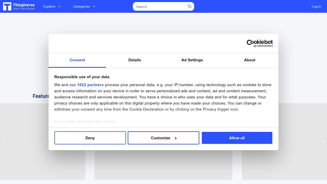 The homepage of Thingiverse, a popular platform for discovering, sharing, and creating 3D printable models, highlighting its community and diverse content.