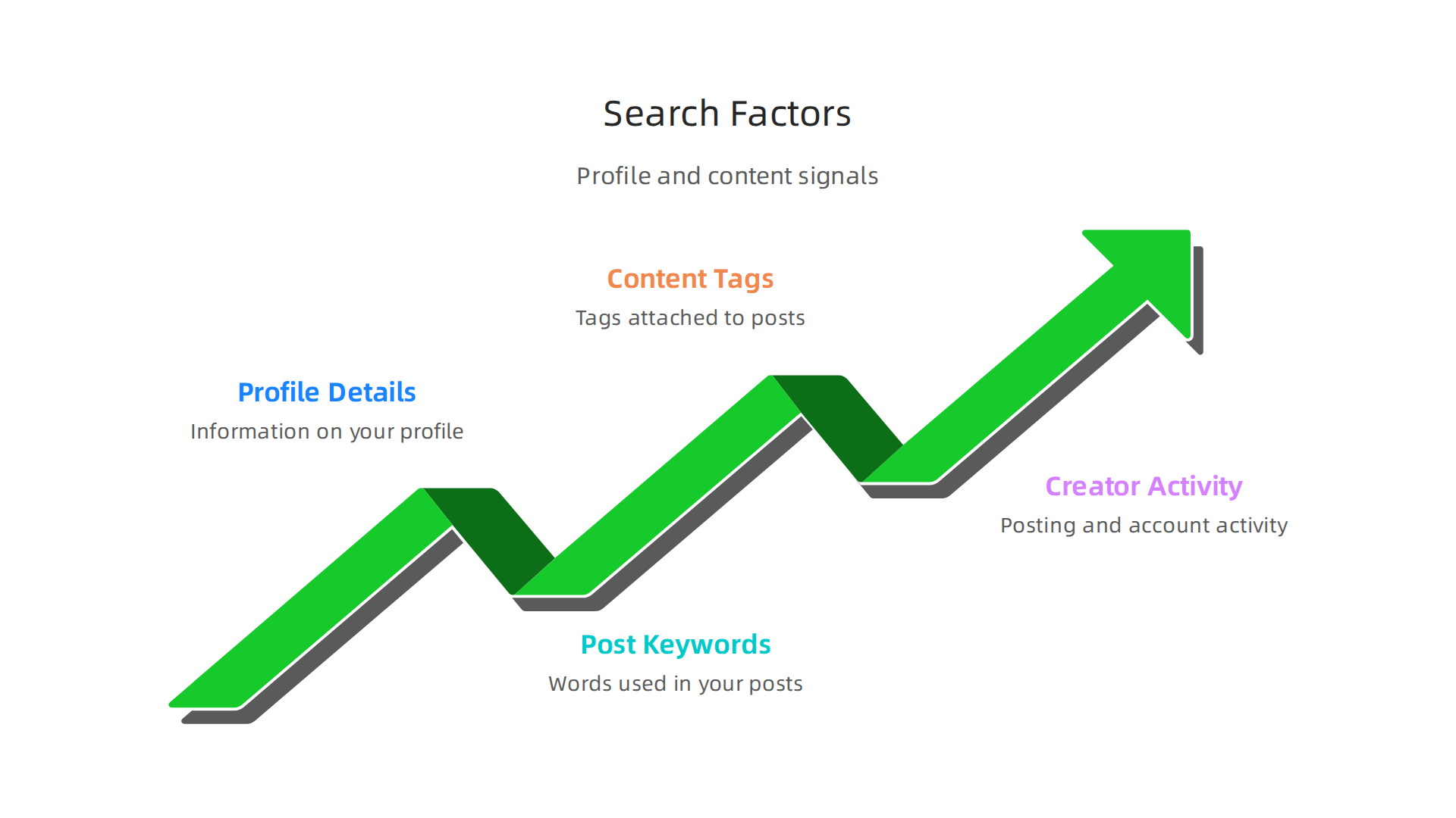 An infographic illustrating the key elements that help creators appear in the OnlyFans internal search, including profile details, keywords, tags, and activity.
