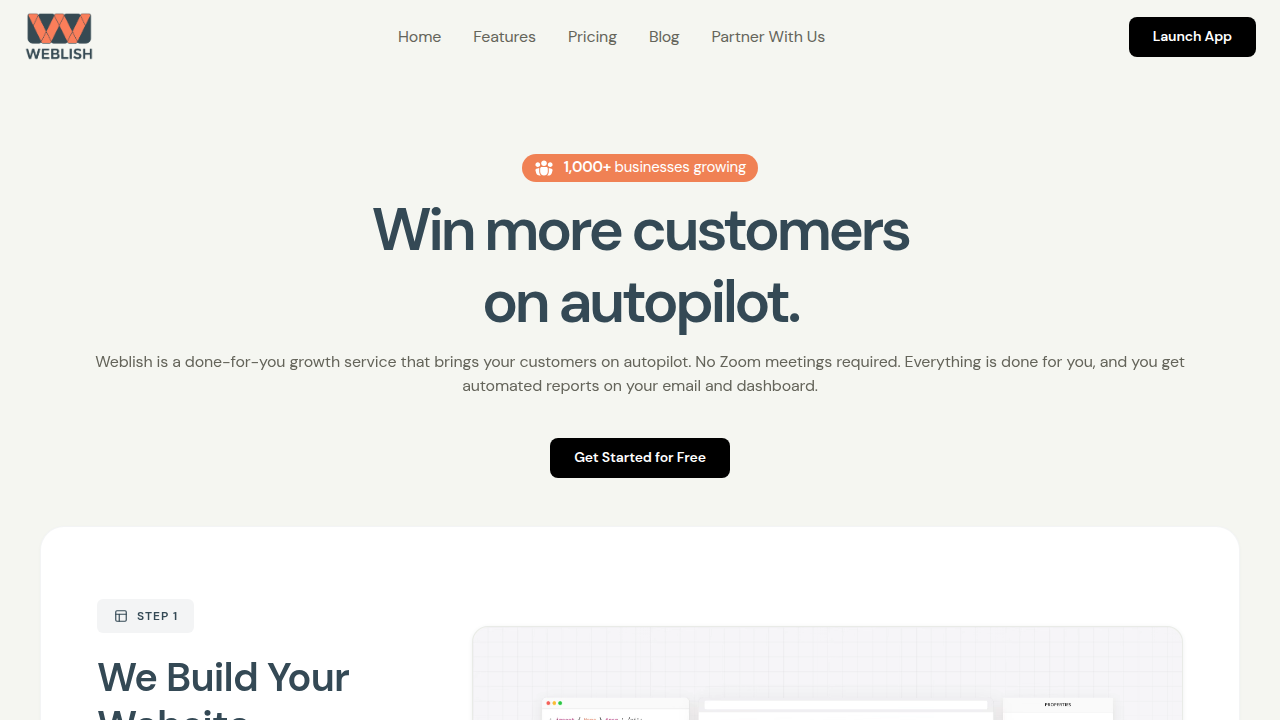 A snapshot of the Weblish homepage, a service that assists creators and businesses with digital strategy and online presence.
