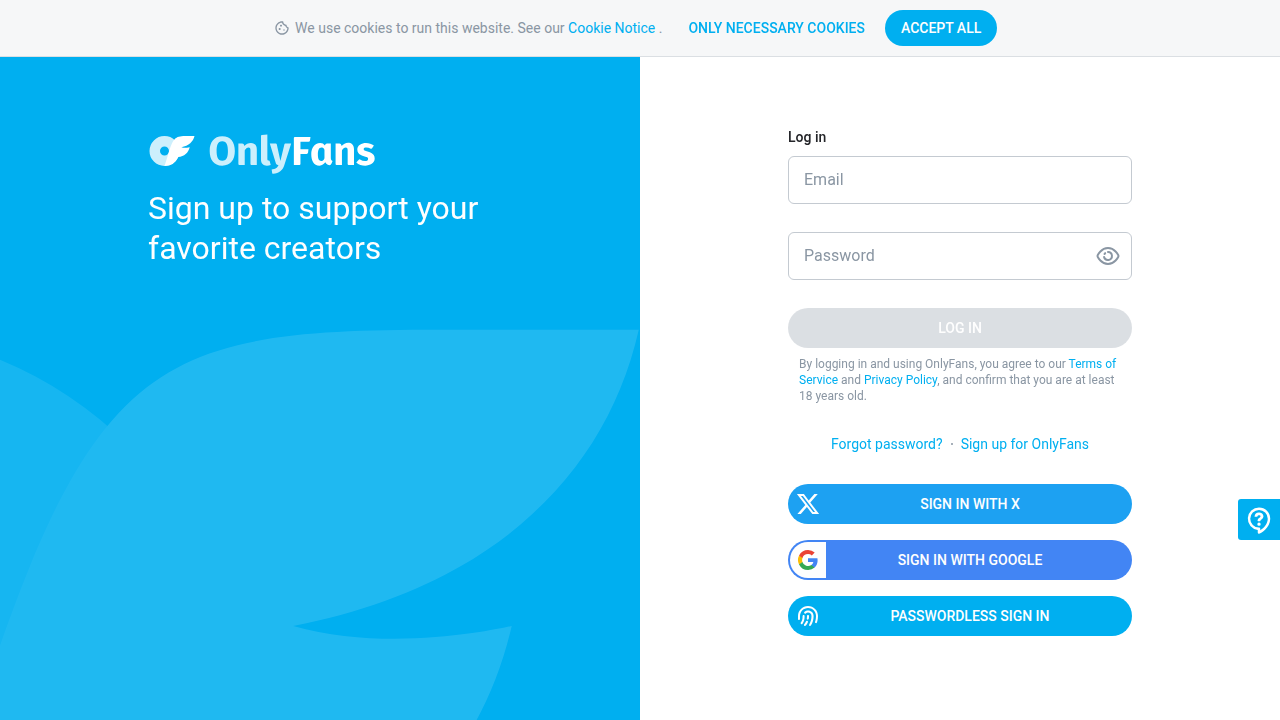 A screenshot of the OnlyFans homepage, highlighting the platform's interface where creators operate and users search for content.