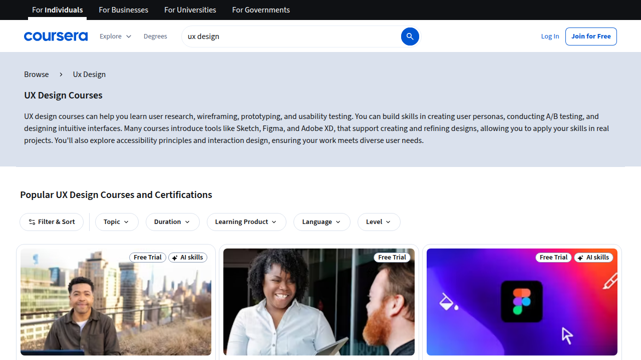Online platforms like Coursera offer specialized UX design courses to help aspiring designers develop essential skills.