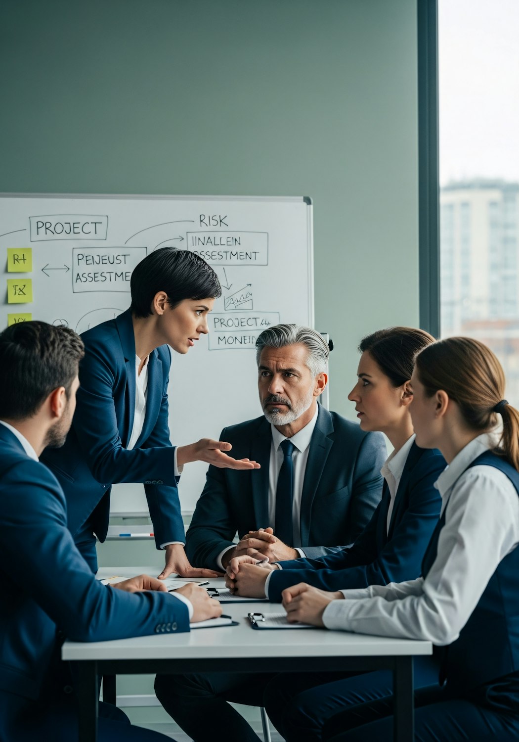 A diverse team of colleagues actively brainstorming and planning a digital marketing strategy in a modern office setting.