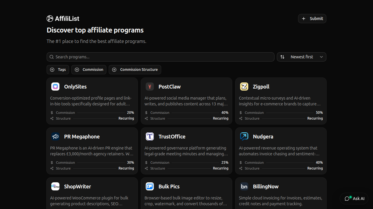 Screenshot of the AffiliList website, a resource for discovering high-ticket affiliate programs that offer substantial commissions.