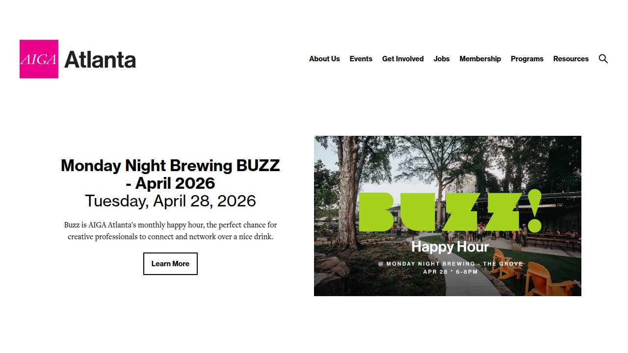 The homepage of AIGA Atlanta, the local chapter of the professional association for design, showcasing community events and resources.