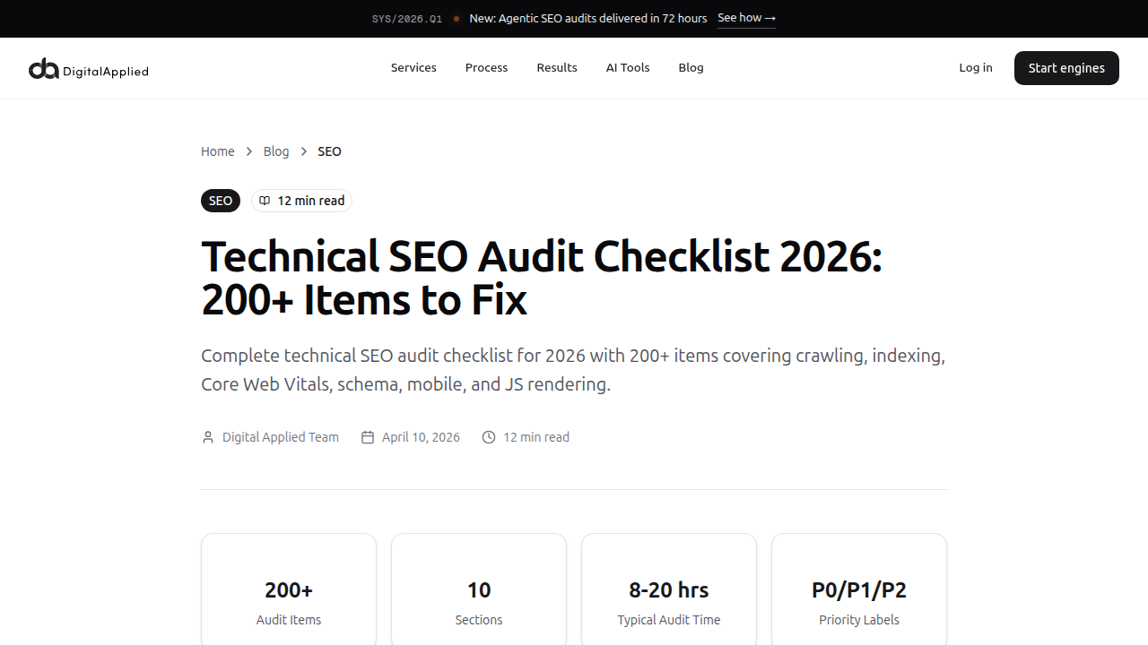 A screenshot from Digital Applied's article on technical SEO audit checklists, highlighting critical issues for website discoverability.