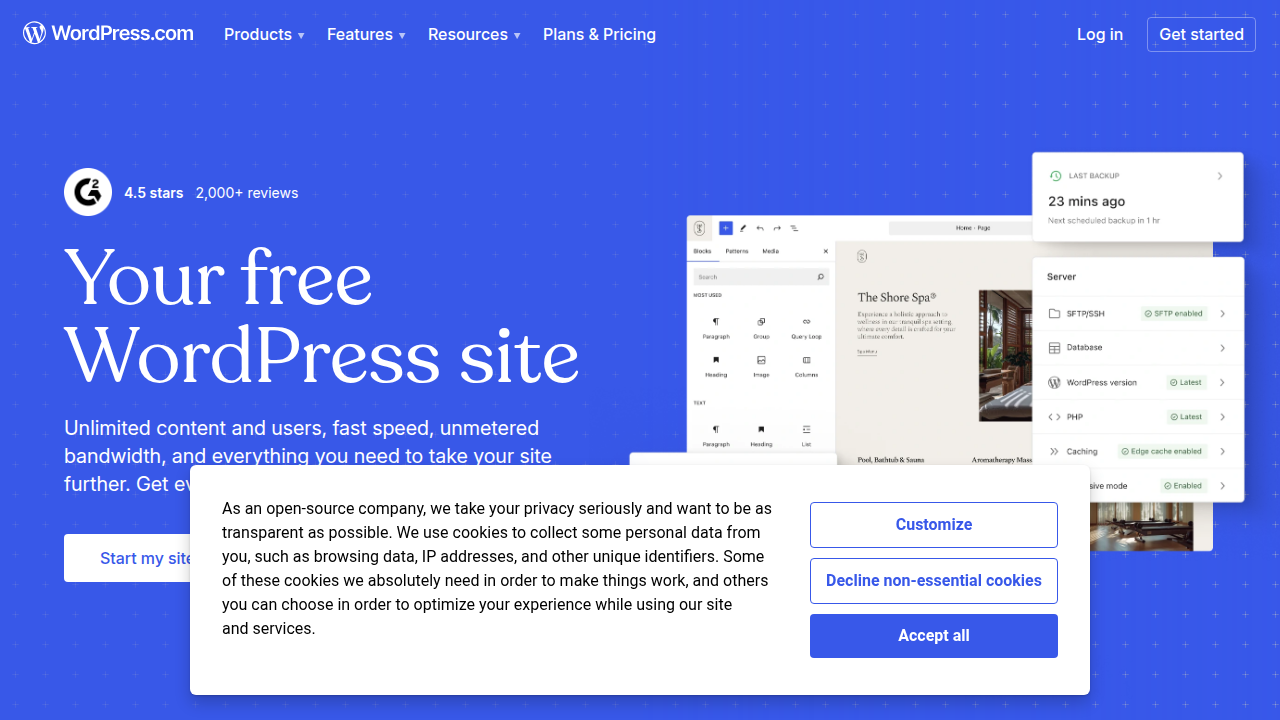 The official homepage for WordPress, a popular content management system, illustrating its interface and branding as an example of platforms benefiting from server-side search.