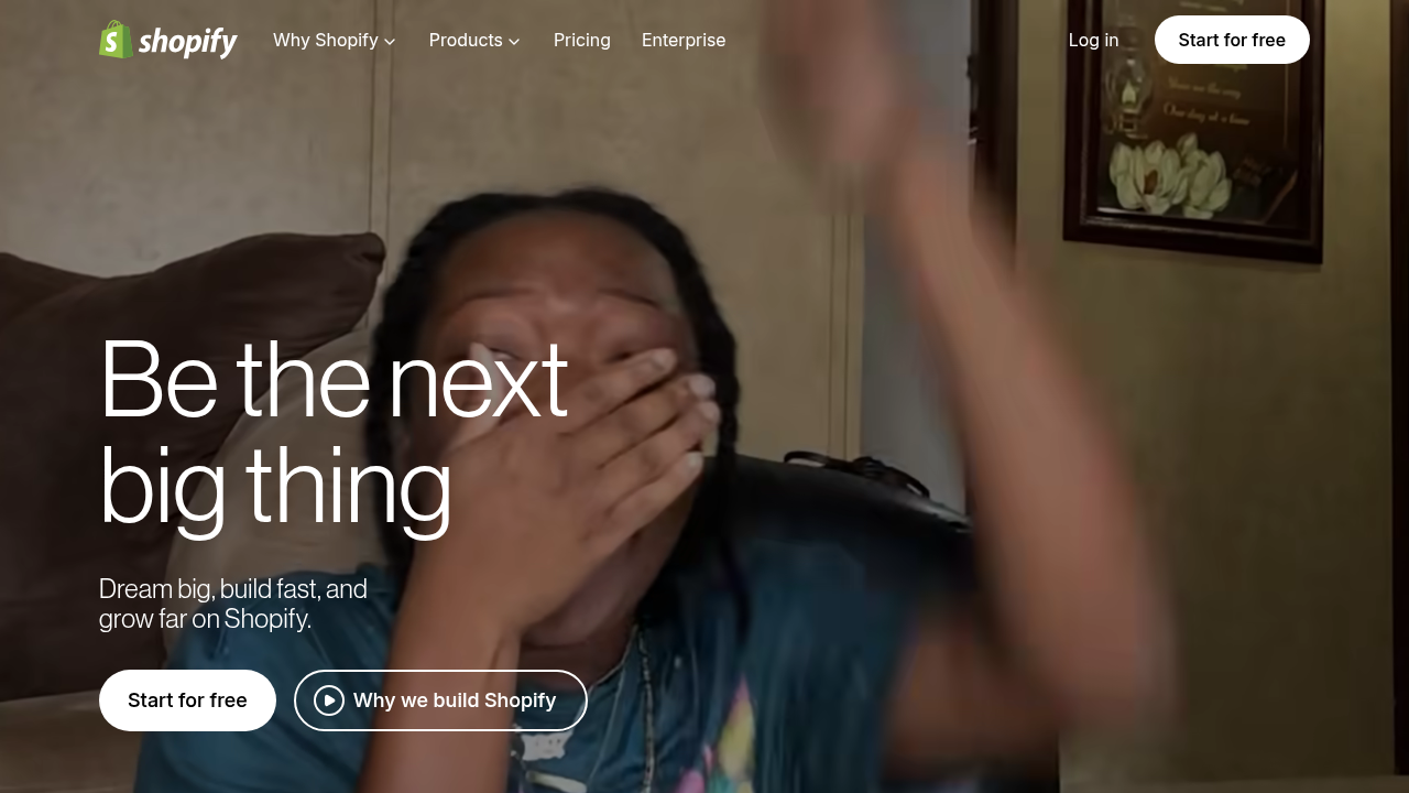 The homepage of Shopify, a leading e-commerce platform that often leverages server-side search features and integrations for online stores.