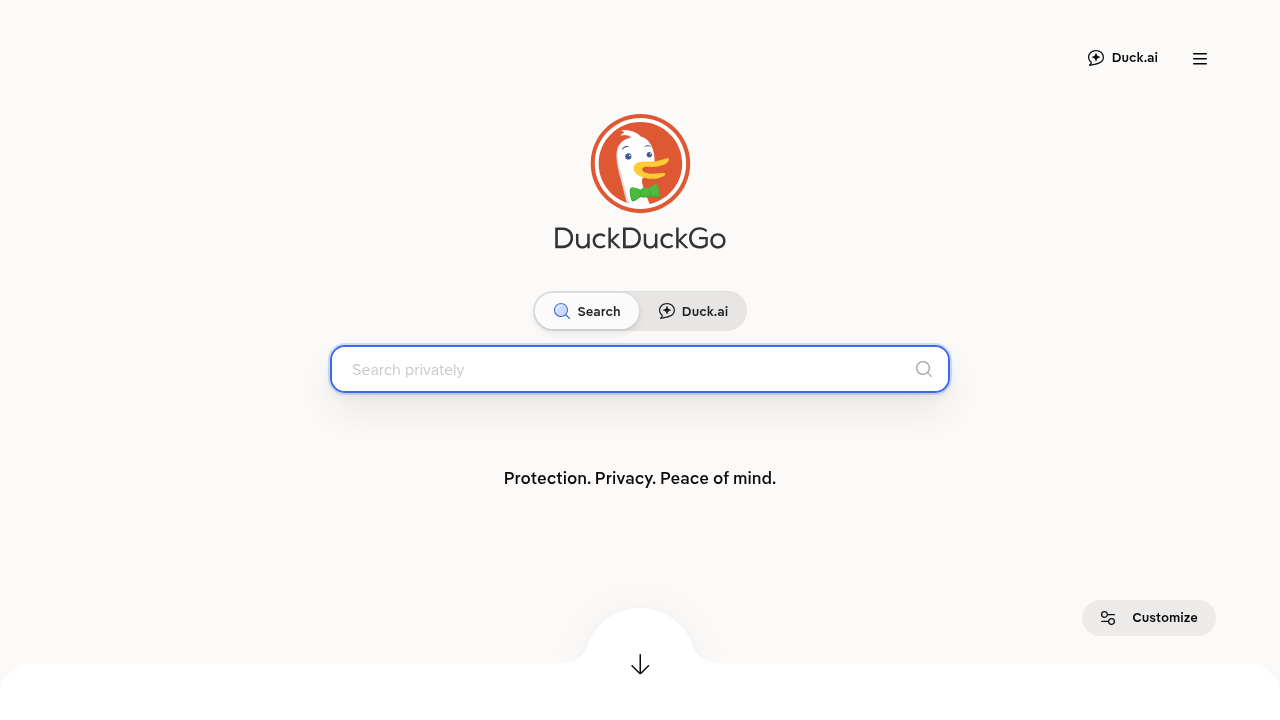 The clean interface of DuckDuckGo, a search engine renowned for its commitment to user privacy and ad-free experience.