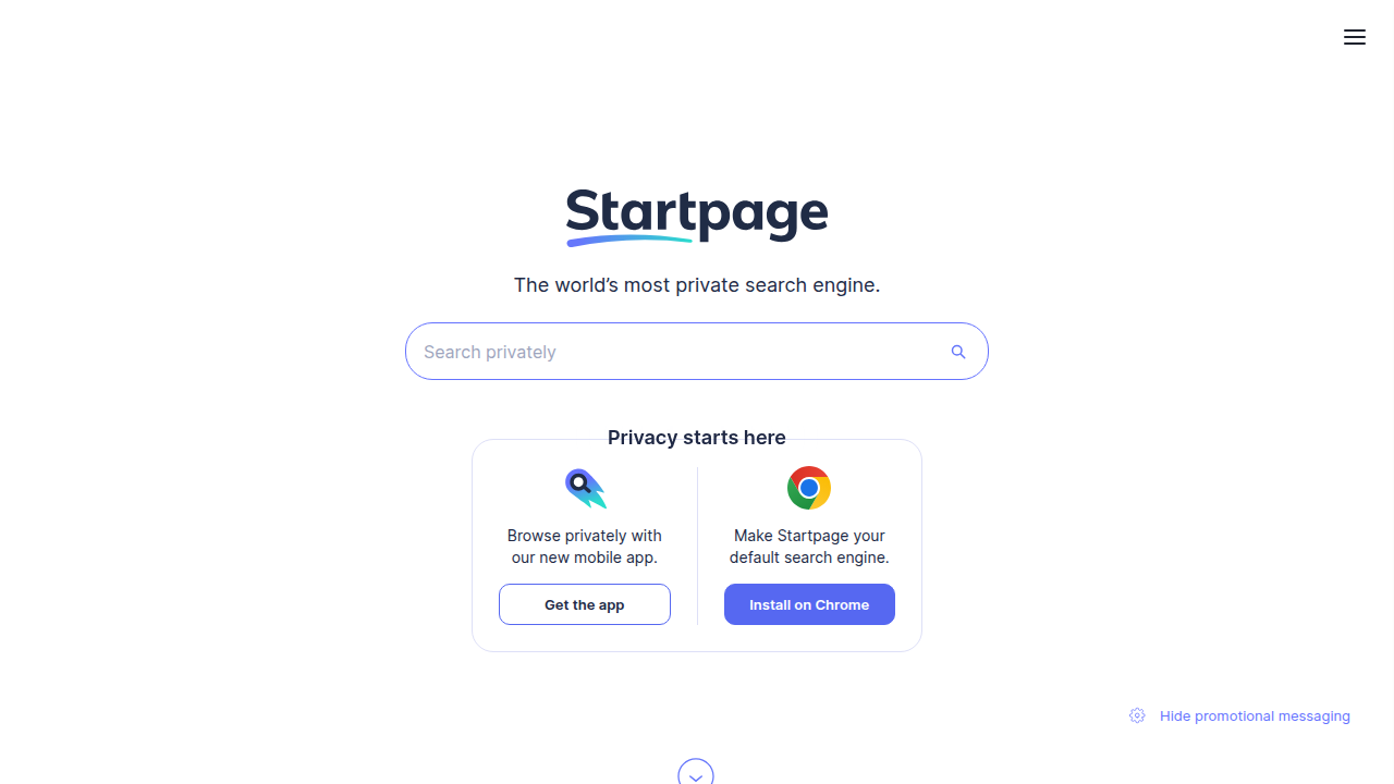 Startpage's clean interface, demonstrating its unique approach to providing Google-quality search results while rigorously protecting user privacy.