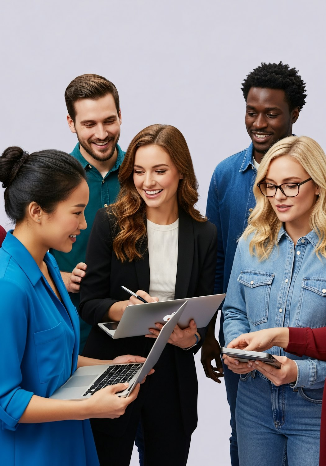 A diverse team of professionals collaborating effectively across different time zones and countries through digital tools.