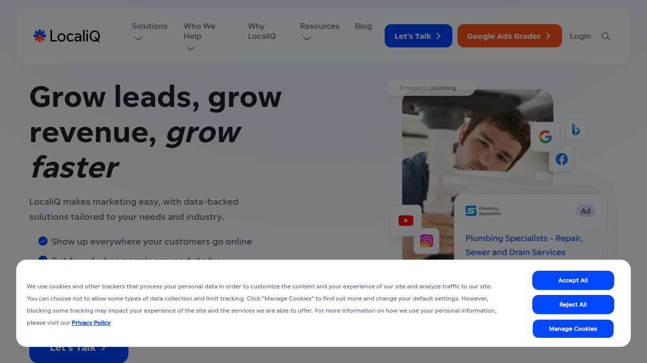 The LocalIQ homepage, a resource for local marketing insights and statistics.