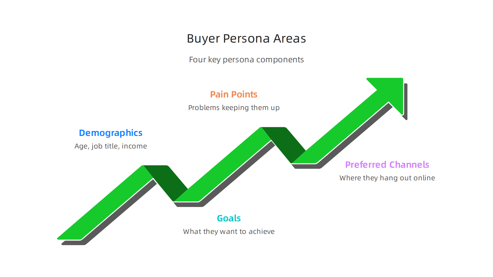 Visual representation of the four key areas that comprise a detailed buyer persona for effective digital marketing strategies.