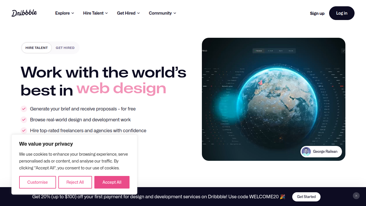 A screenshot of the Dribbble homepage, showcasing a popular online community platform for designers to display their portfolios.