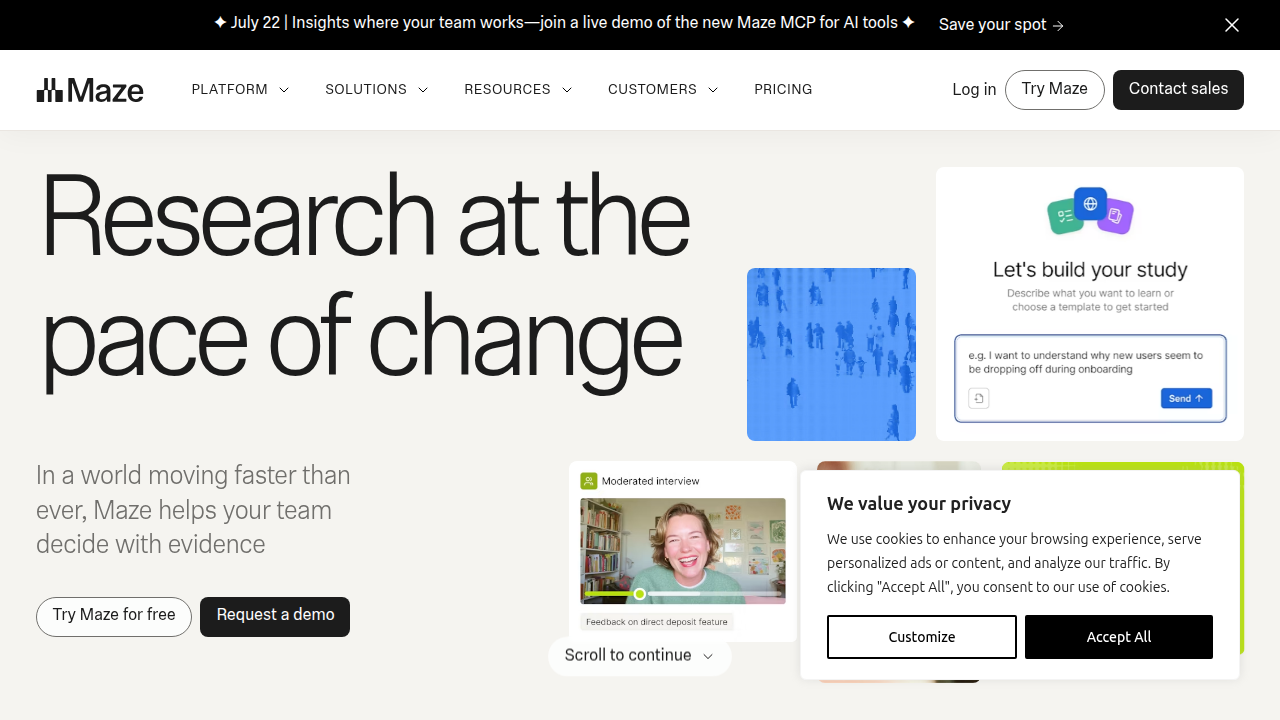 Maze.co, a platform for product research and testing, highlighting its focus on UX data.