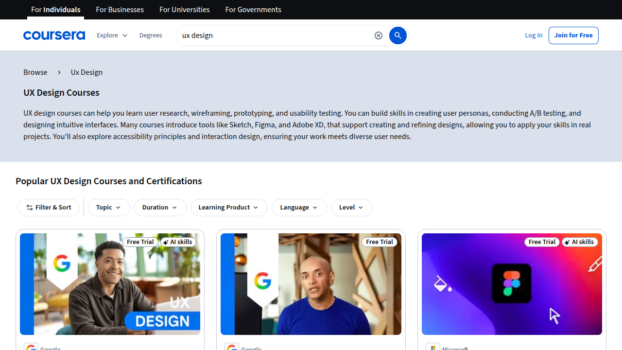 Coursera's page featuring the Google UX Design Professional Certificate, a widely recognized online UI/UX course.