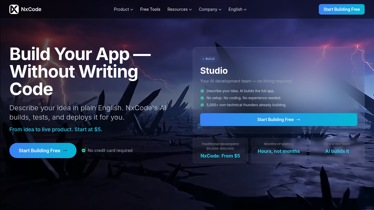 A screenshot of NXCode's homepage, a resource for AI website builder insights and news.