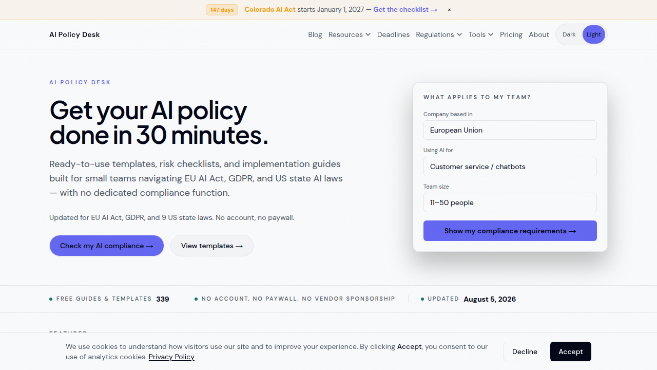 A screenshot of AI Policy Desk's homepage, specializing in AI vendor due diligence and compliance.