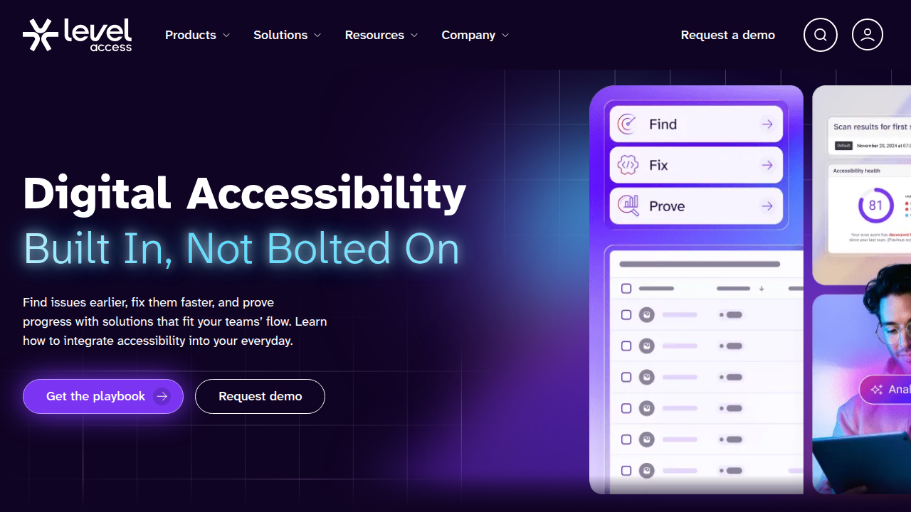 The homepage of Level Access, a leader in digital accessibility solutions and insights.