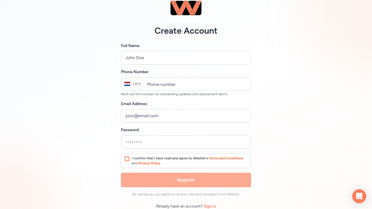 A screenshot of the Weblish platform homepage, offering AI-powered solutions for traffic growth.