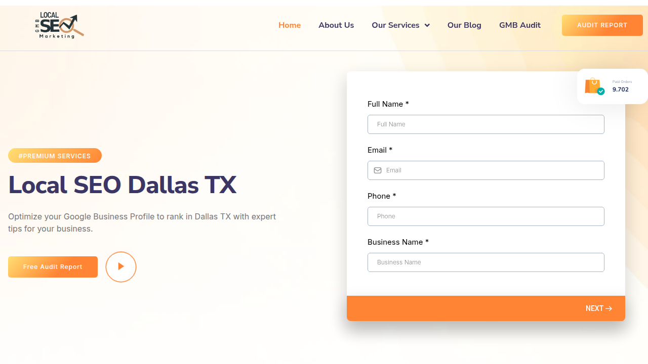 The homepage of Local SEO GMB Marketing, highlighting local search optimization services.