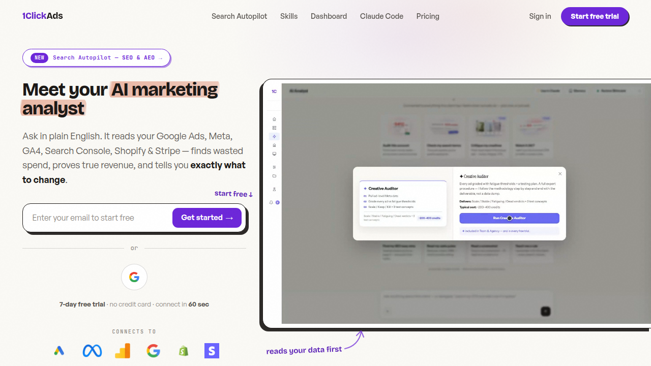 Homepage of 1ClickReport, a tool for tracking conversion rate metrics and dashboards.