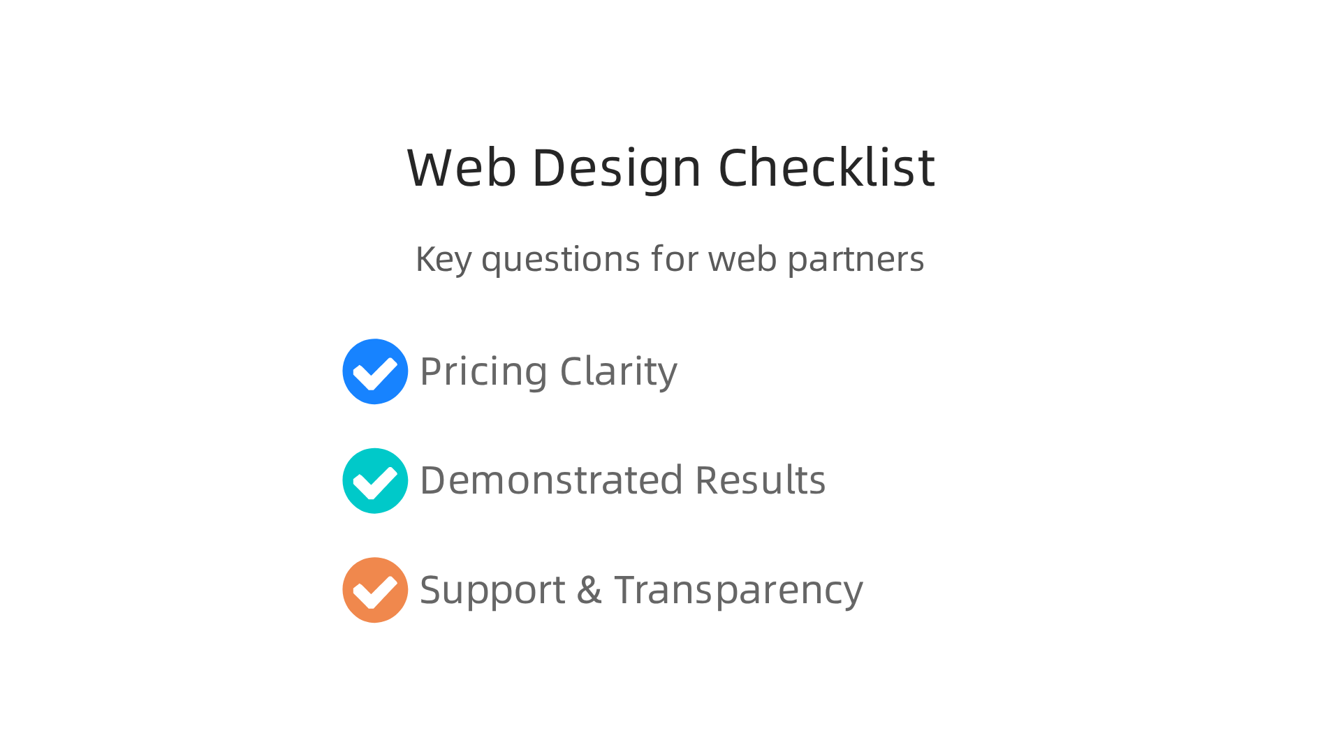An infographic listing key questions small businesses should ask when evaluating a web design partner, covering pricing, results, and support.