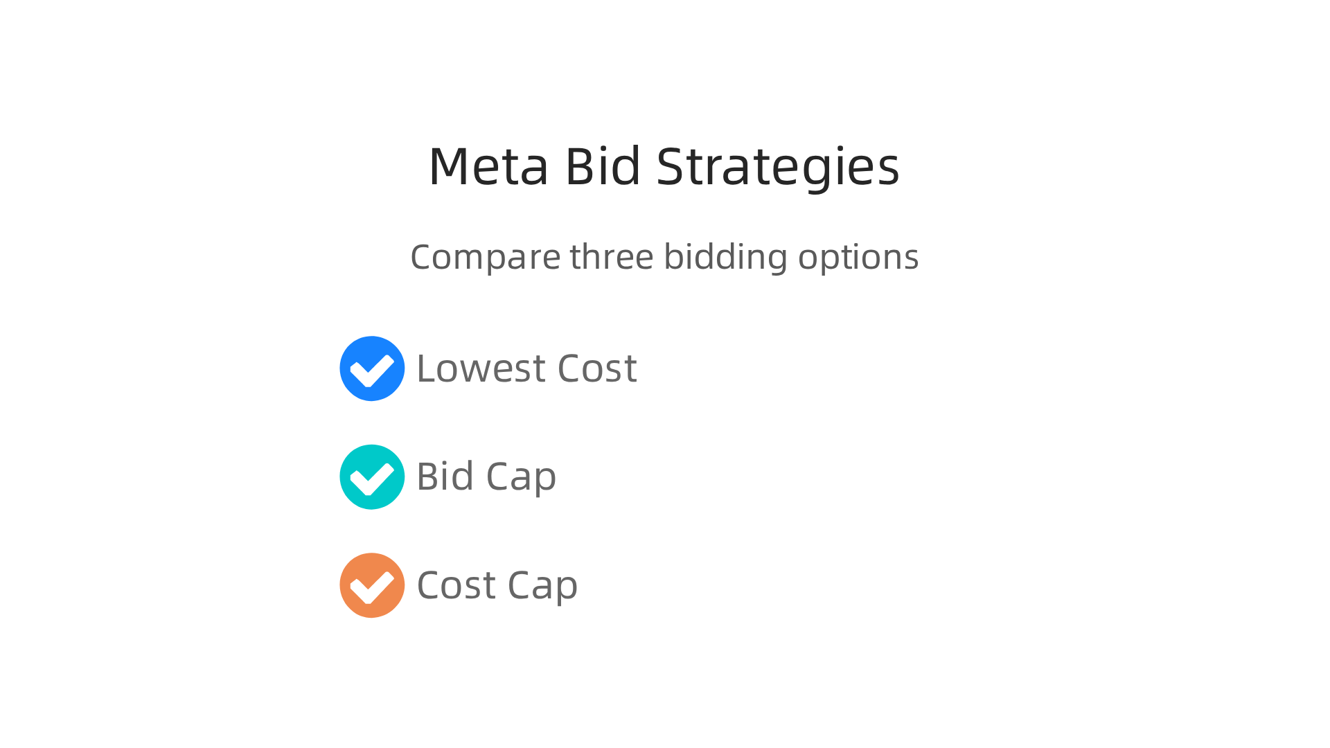 Comparison of Meta's smart bidding strategies: Lowest Cost, Bid Cap, and Cost Cap.